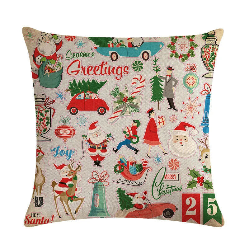 Pillow Cover Cotton Linen Christmas Print Stain-Resistant Hidden Zipper