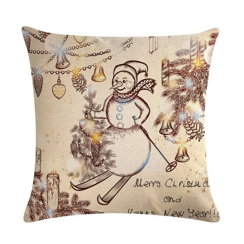 Pillow Cover Cotton Linen Christmas Print Stain-Resistant Hidden Zipper