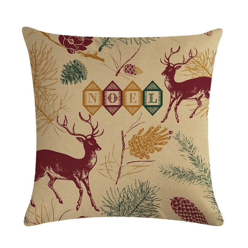 Pillow Cover Cotton Linen Christmas Print Stain-Resistant Hidden Zipper