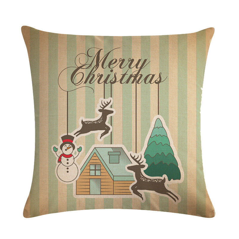 Pillow Cover Cotton Linen Christmas Print Stain-Resistant Hidden Zipper
