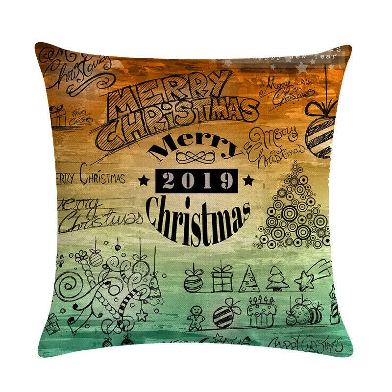 Pillow Cover Cotton Linen Christmas Print Stain-Resistant Hidden Zipper