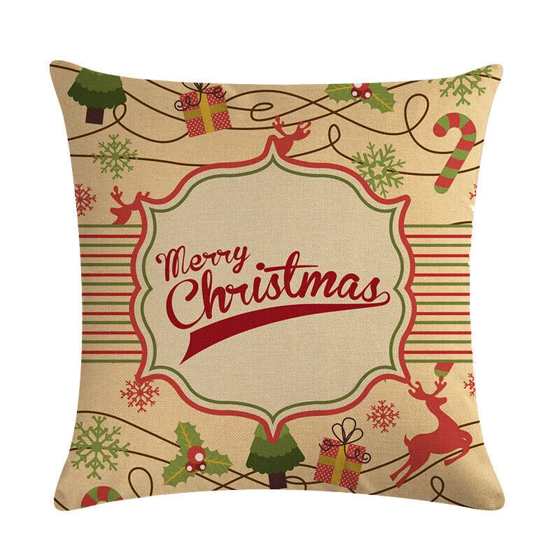 Pillow Cover Cotton Linen Christmas Print Stain-Resistant Hidden Zipper