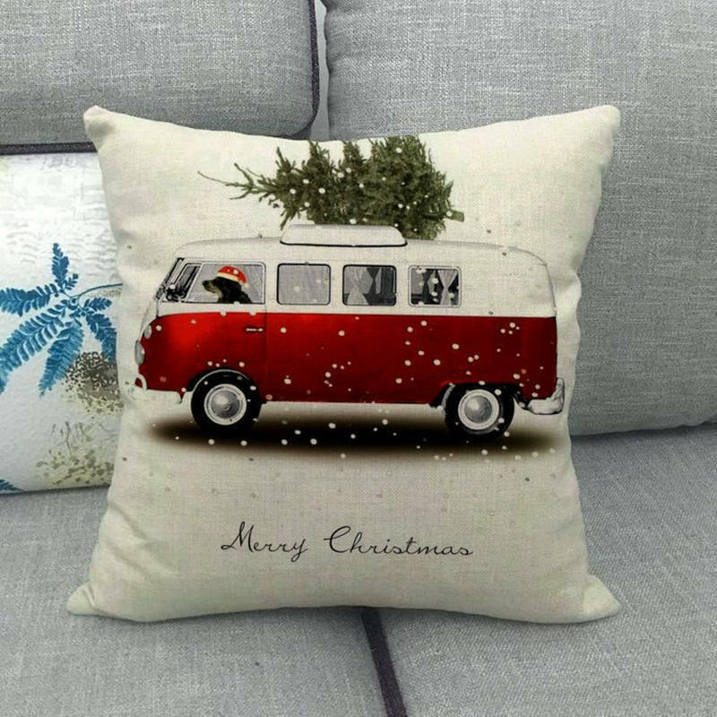 Pillow Cover Cotton Linen Christmas Print Stain-Resistant Hidden Zipper