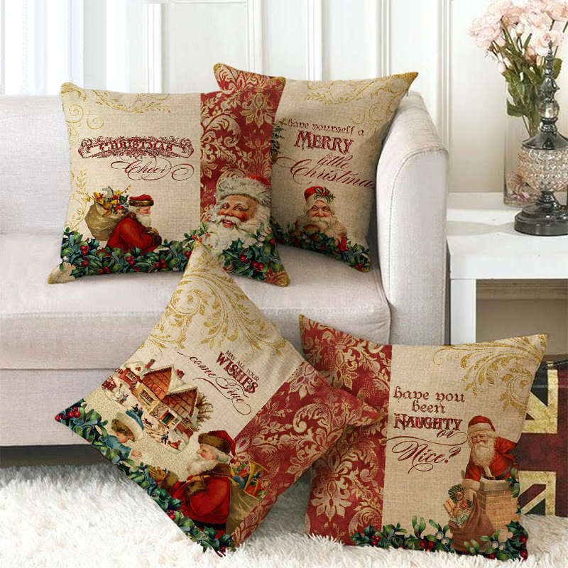 Pillow Cover Cotton Linen Christmas Print Stain-Resistant Hidden Zipper