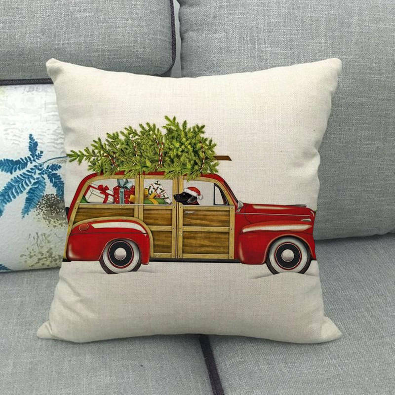 Pillow Cover Cotton Linen Christmas Print Stain-Resistant Hidden Zipper