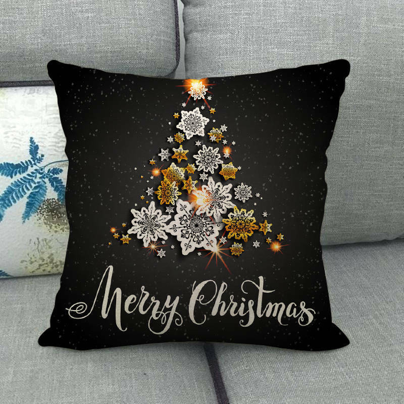 Pillow Cover Cotton Linen Christmas Print Stain-Resistant Hidden Zipper