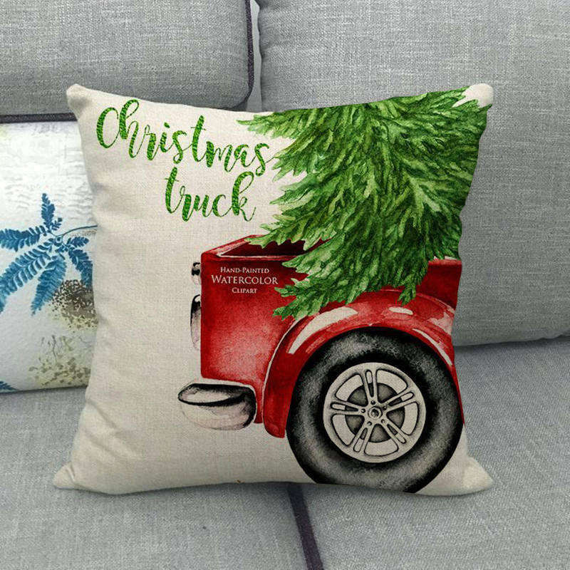 Pillow Cover Cotton Linen Christmas Print Stain-Resistant Hidden Zipper