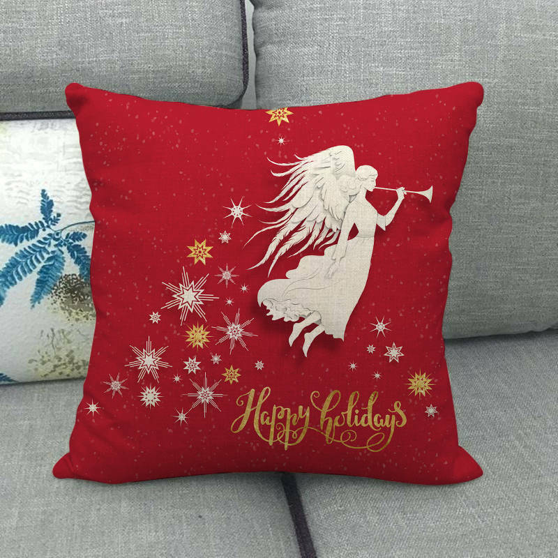 Pillow Cover Cotton Linen Christmas Print Stain-Resistant Hidden Zipper