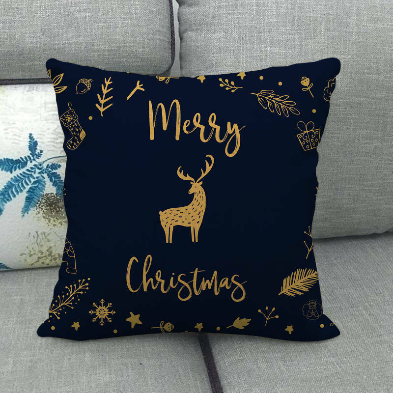Pillow Cover Cotton Linen Christmas Print Stain-Resistant Hidden Zipper
