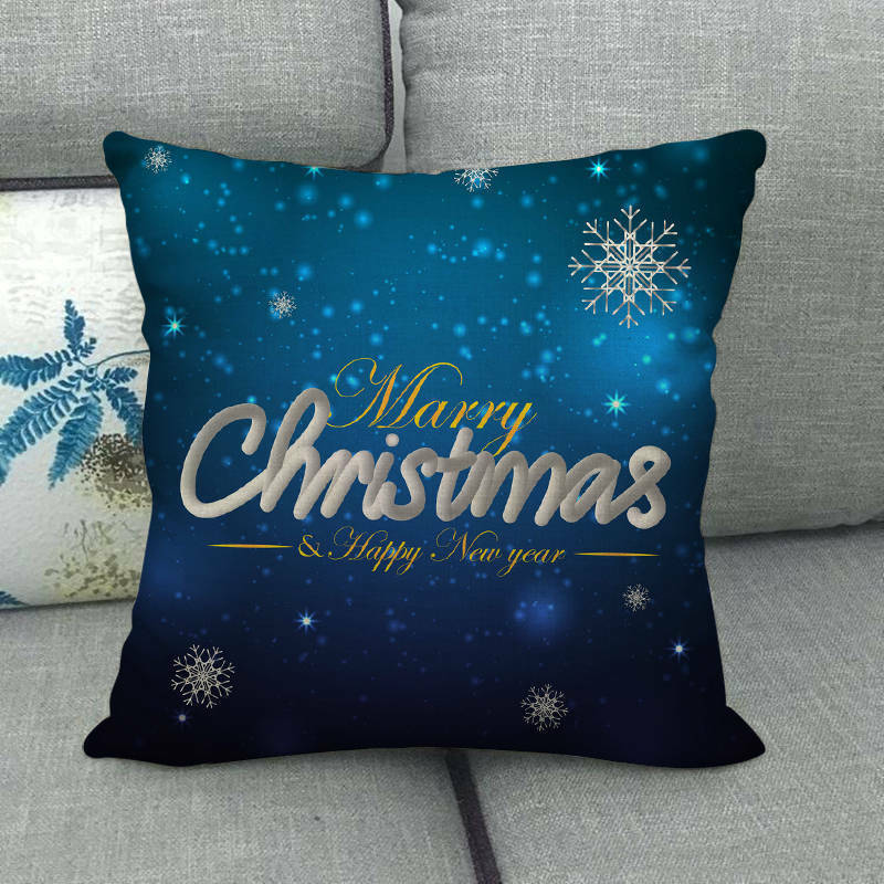 Pillow Cover Cotton Linen Christmas Print Stain-Resistant Hidden Zipper