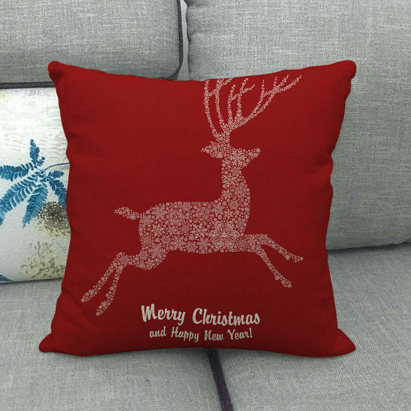 Pillow Cover Cotton Linen Christmas Print Stain-Resistant Hidden Zipper