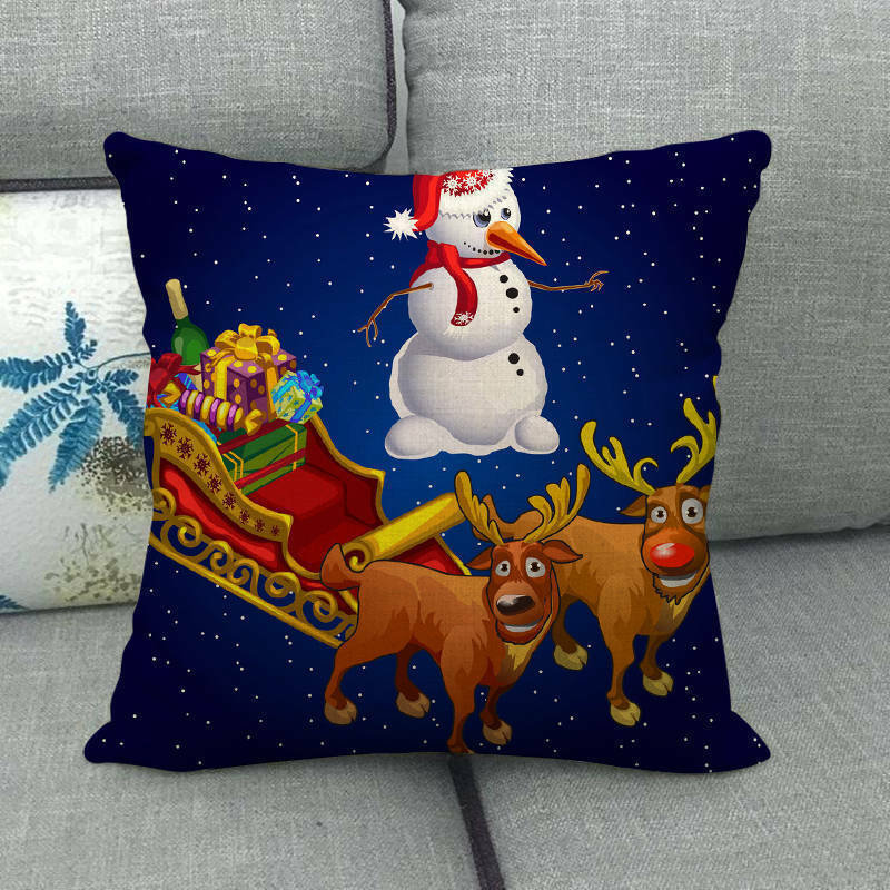 Pillow Cover Cotton Linen Christmas Print Stain-Resistant Hidden Zipper