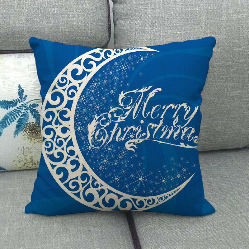Pillow Cover Cotton Linen Christmas Print Stain-Resistant Hidden Zipper