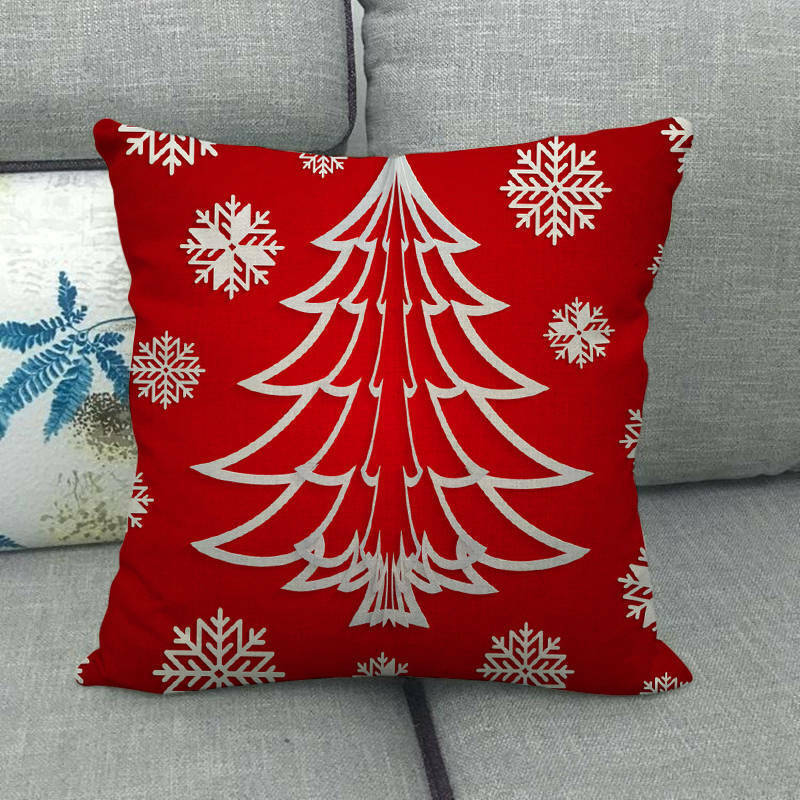 Pillow Cover Cotton Linen Christmas Print Stain-Resistant Hidden Zipper