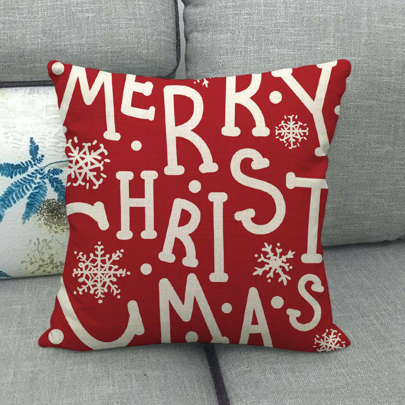Pillow Cover Cotton Linen Christmas Print Stain-Resistant Hidden Zipper