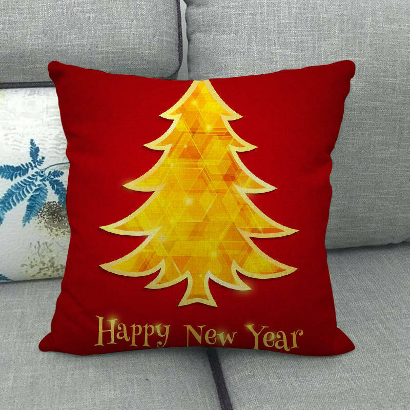Pillow Cover Cotton Linen Christmas Print Stain-Resistant Hidden Zipper