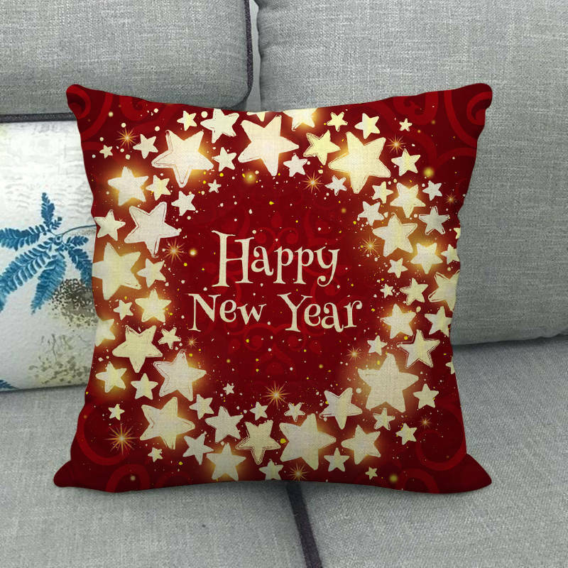 Pillow Cover Cotton Linen Christmas Print Stain-Resistant Hidden Zipper