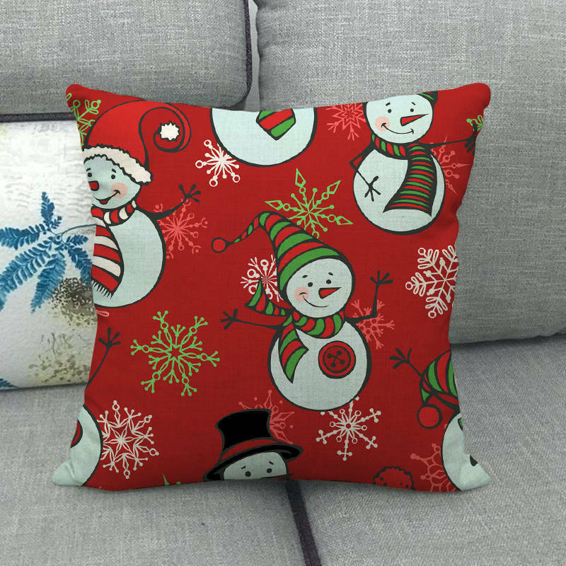 Pillow Cover Cotton Linen Christmas Print Stain-Resistant Hidden Zipper