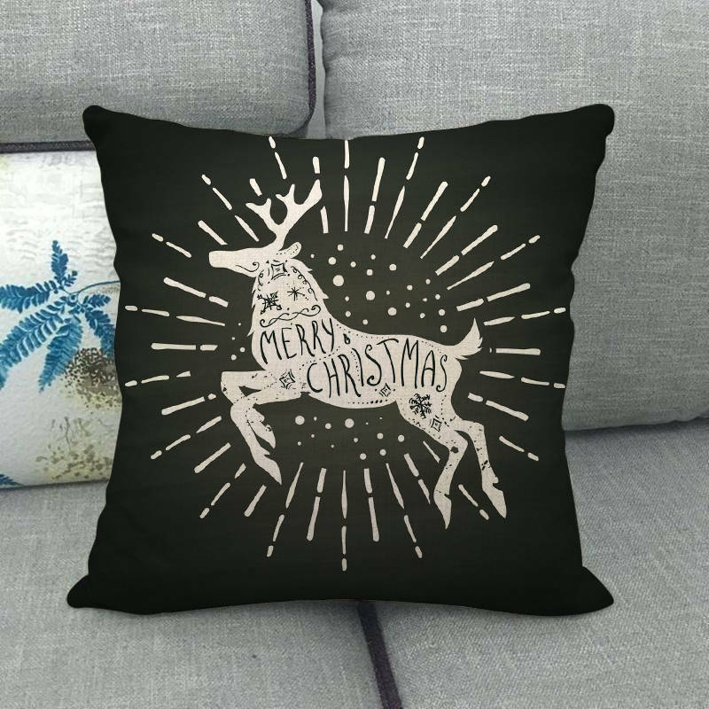 Pillow Cover Cotton Linen Christmas Print Stain-Resistant Hidden Zipper