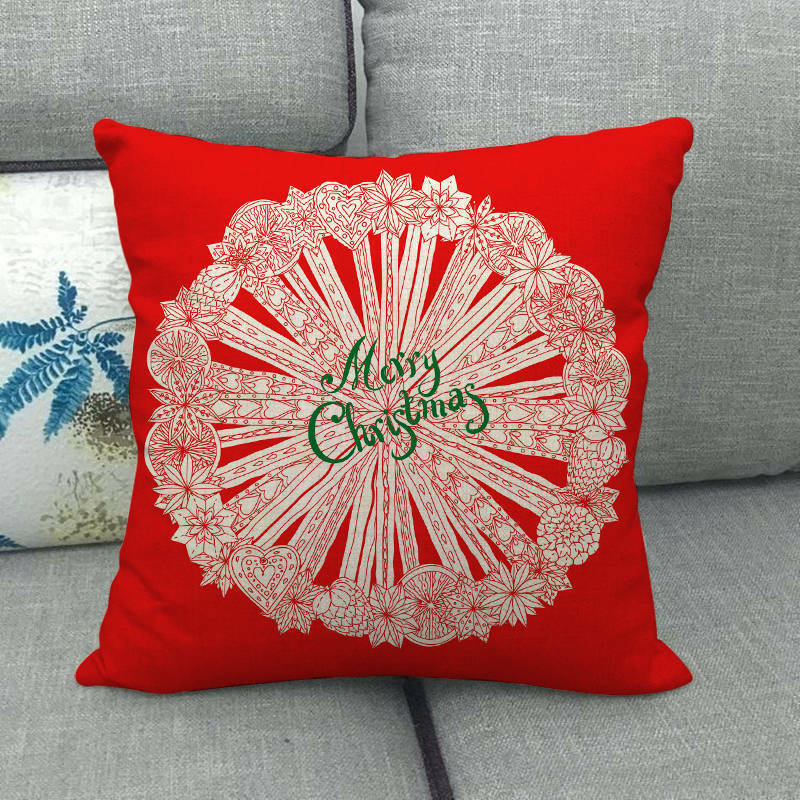 Pillow Cover Cotton Linen Christmas Print Stain-Resistant Hidden Zipper