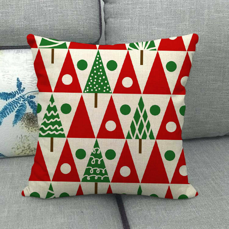 Pillow Cover Cotton Linen Christmas Print Stain-Resistant Hidden Zipper