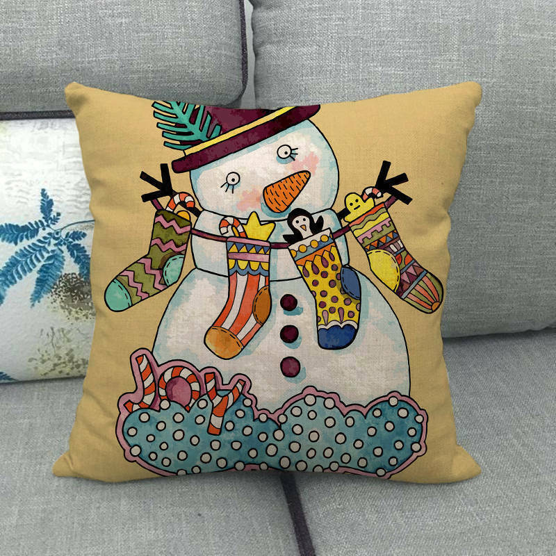 Pillow Cover Cotton Linen Christmas Print Stain-Resistant Hidden Zipper
