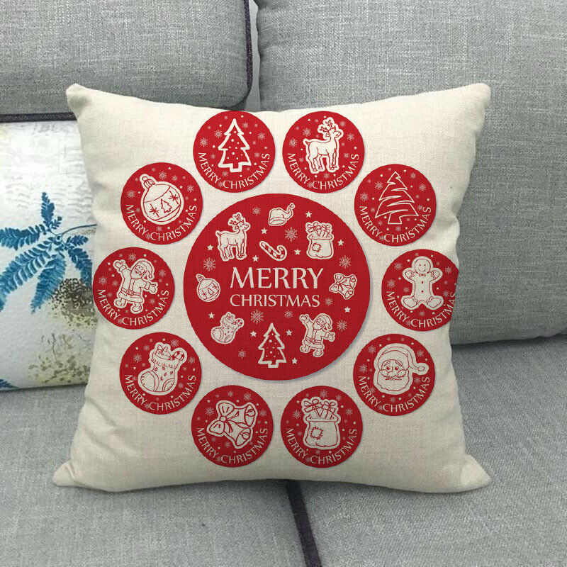 Pillow Cover Cotton Linen Christmas Print Stain-Resistant Hidden Zipper