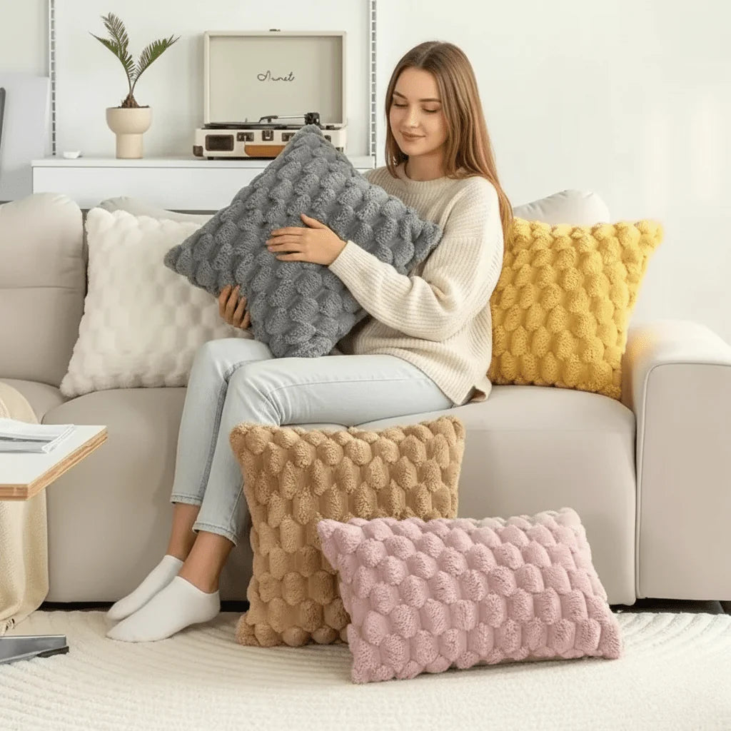 Pillow Cover Plush 3D Grid Texture Machine Washable