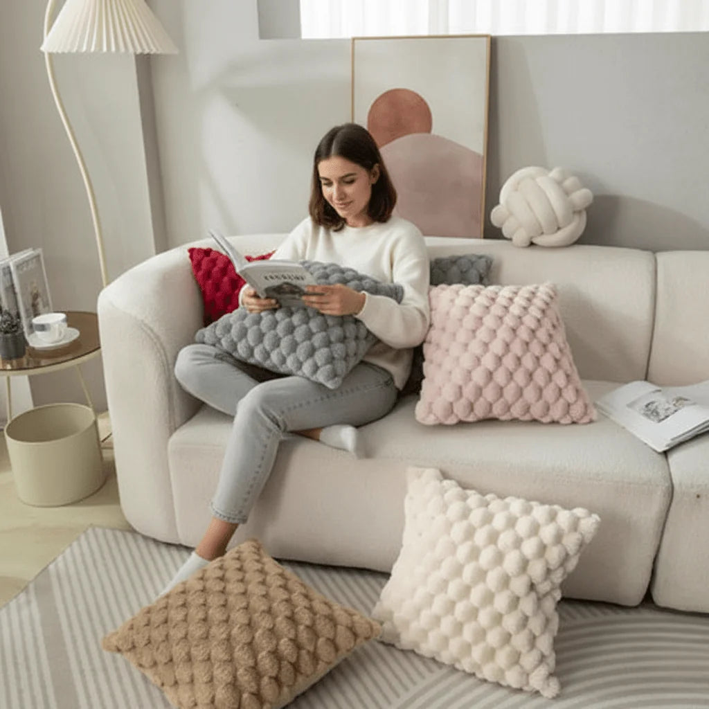 Pillow Cover Plush 3D Grid Texture Machine Washable
