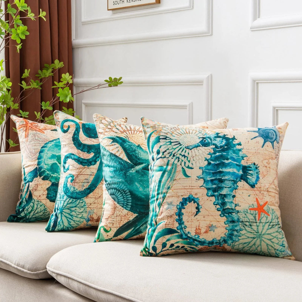 Pillow Covers Marine Print Set of 4 Fade-Resistant
