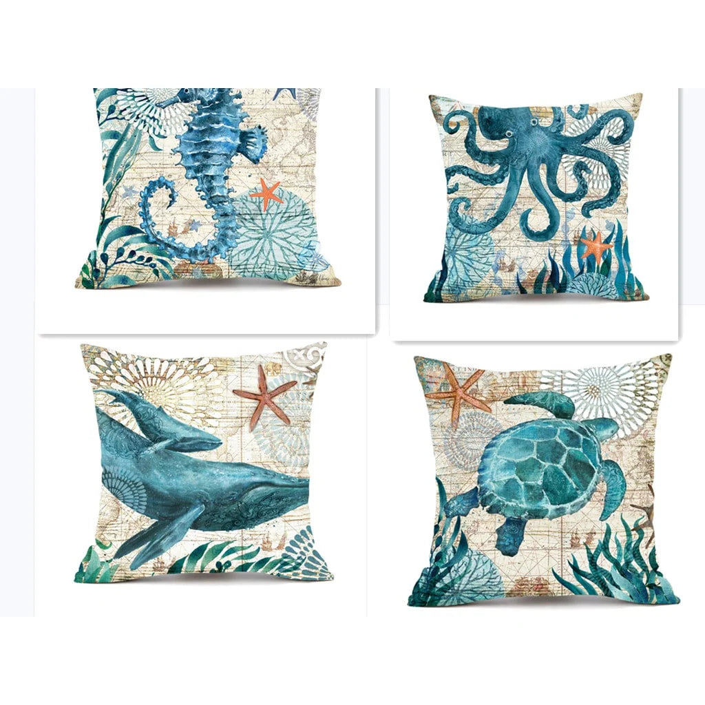 Pillow Covers Marine Print Set of 4 Fade-Resistant
