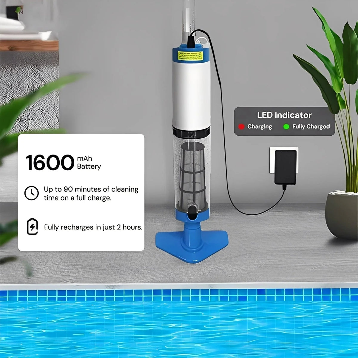 Pool Vacuum Rechargeable Cordless Interchangeable Cleaning Heads