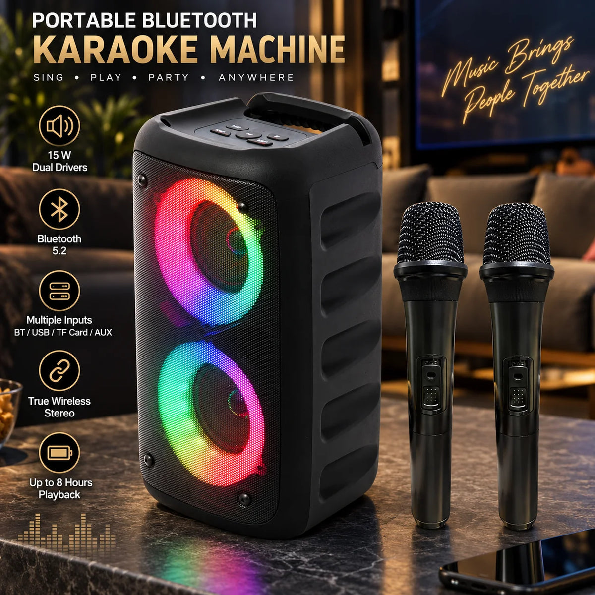 Portable Karaoke Machine Wireless Mics 8-Hour Battery