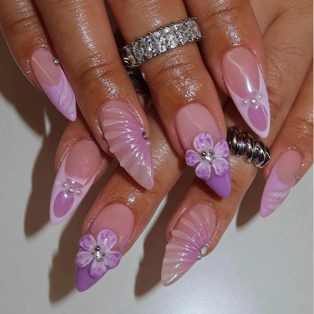 Press-On Nail Extensions 3D Floral Design Dark Blue