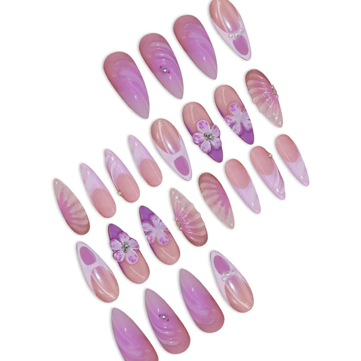 Press-On Nail Extensions 3D Floral Design Dark Blue