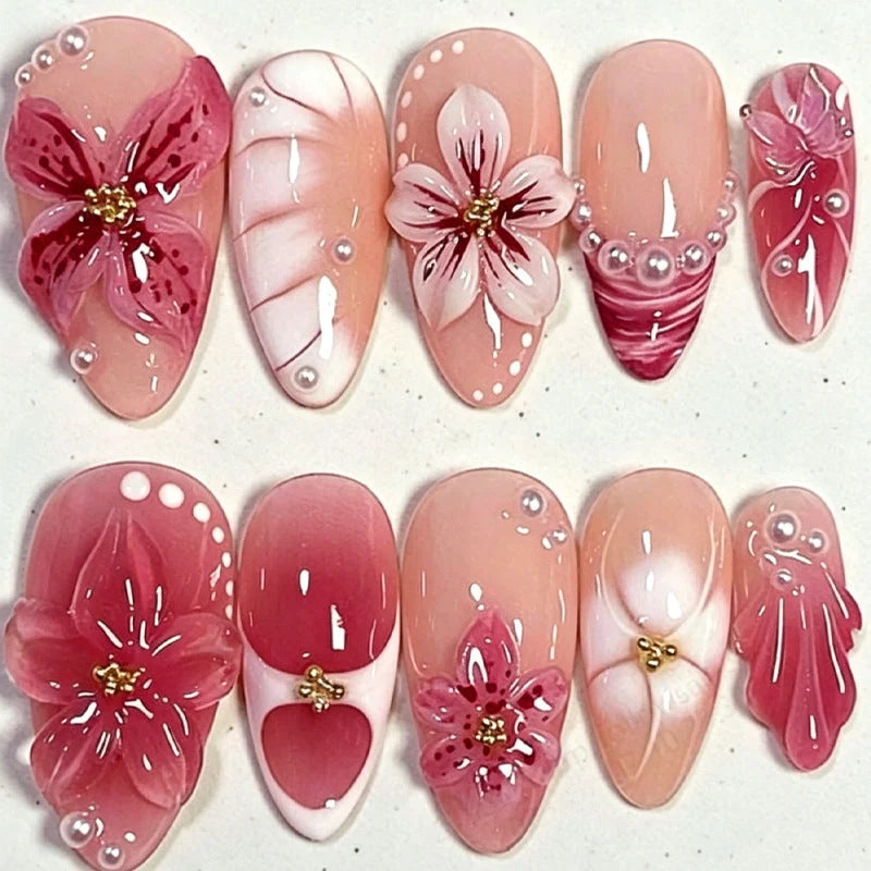 Press-On Nail Set 3D Floral Design With Adhesive Tabs Included