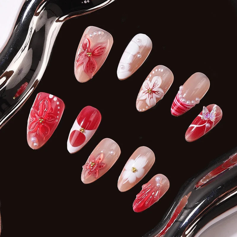 Press-On Nail Set 3D Floral Design With Adhesive Tabs Included