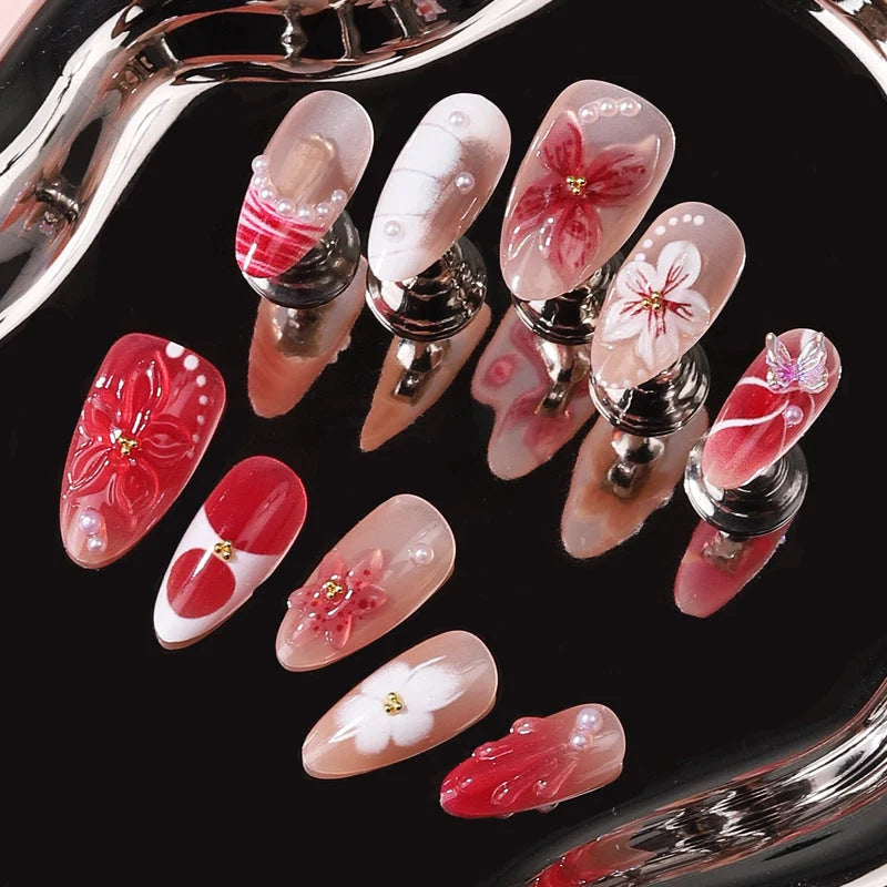 Press-On Nail Set 3D Floral Design With Adhesive Tabs Included