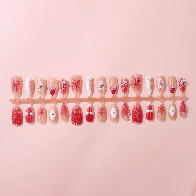 Press-On Nail Set 3D Floral Design With Adhesive Tabs Included