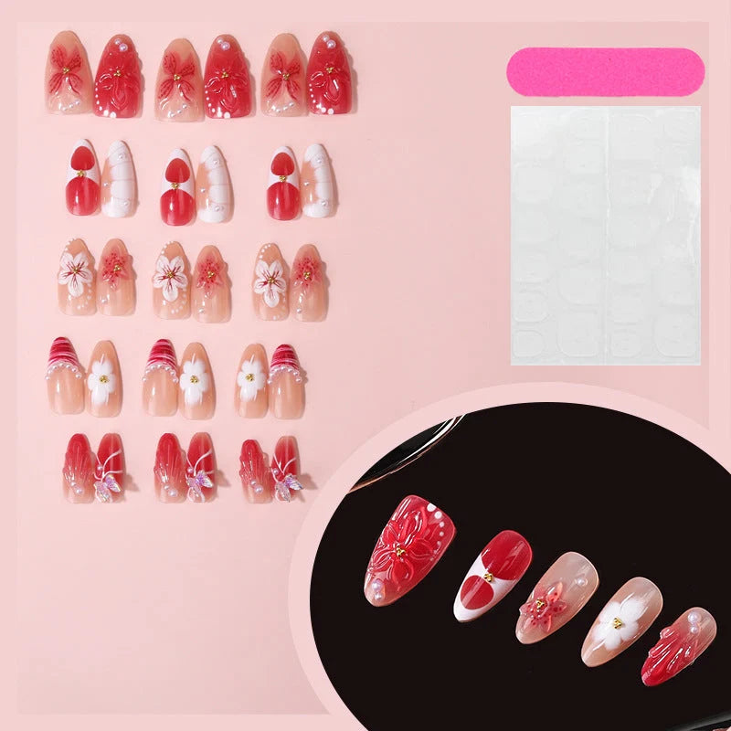Press-On Nail Set 3D Floral Design With Adhesive Tabs Included