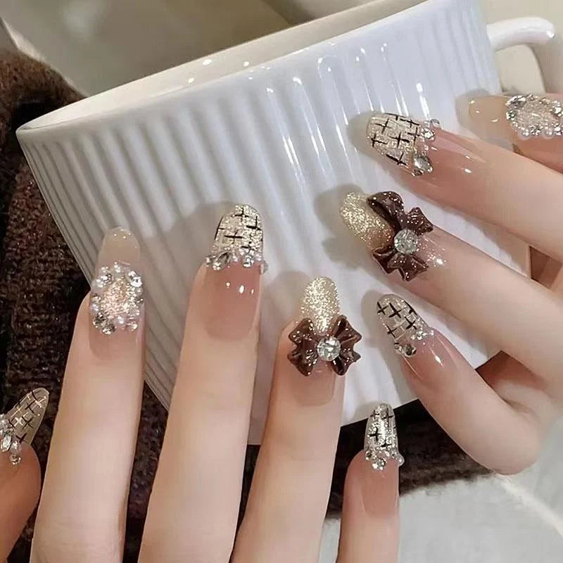 Press-On Nails 3D Embellished Designs Easy Application S and M Sizes