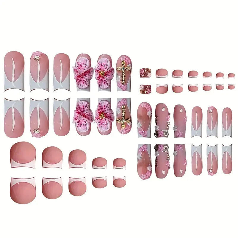 Press-On Nails 3D Floral Design Shimmering Accents Long-Lasting Wear