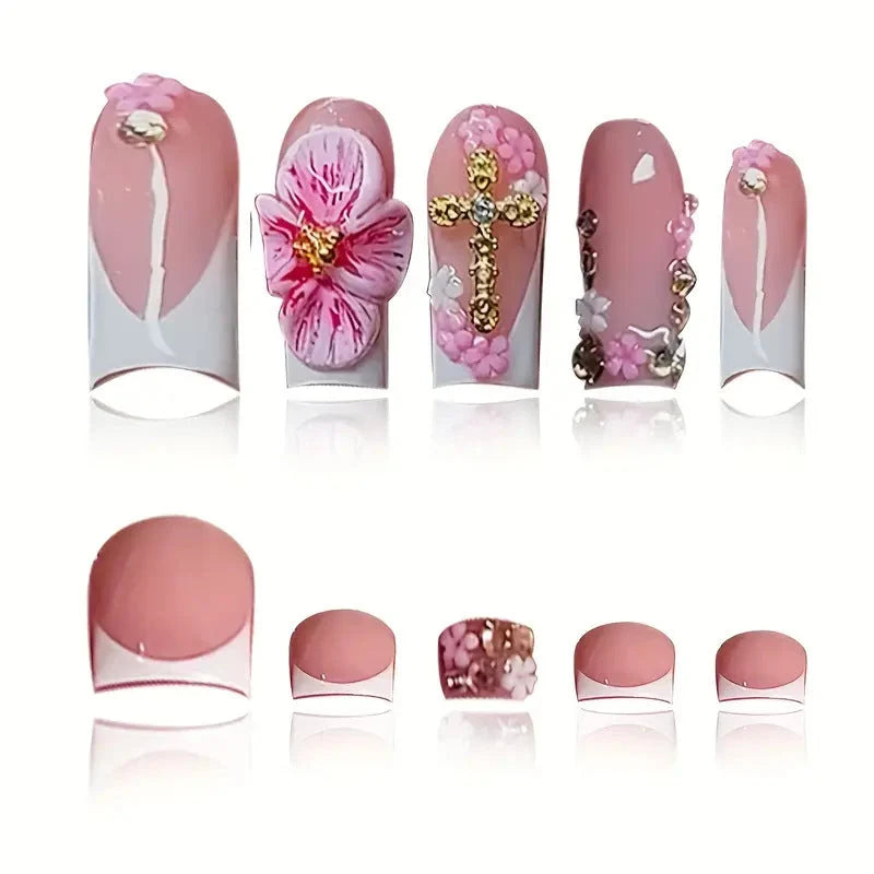 Press-On Nails 3D Floral Design Shimmering Accents Long-Lasting Wear