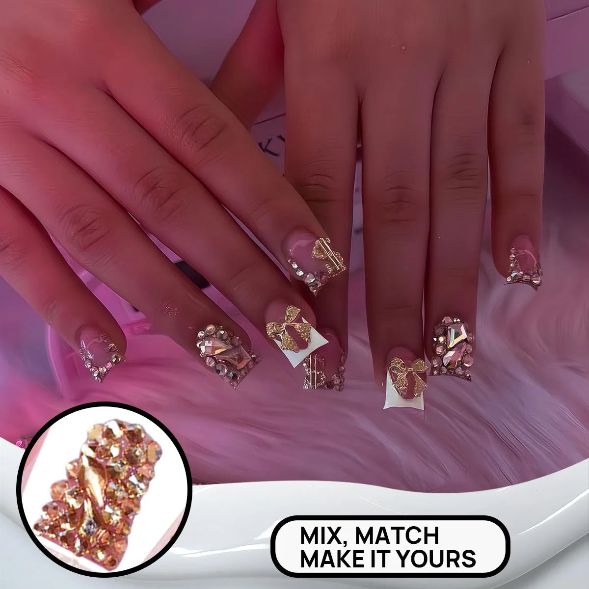 Press-On Nails 3D Gem & Bow Accents Reusable Style