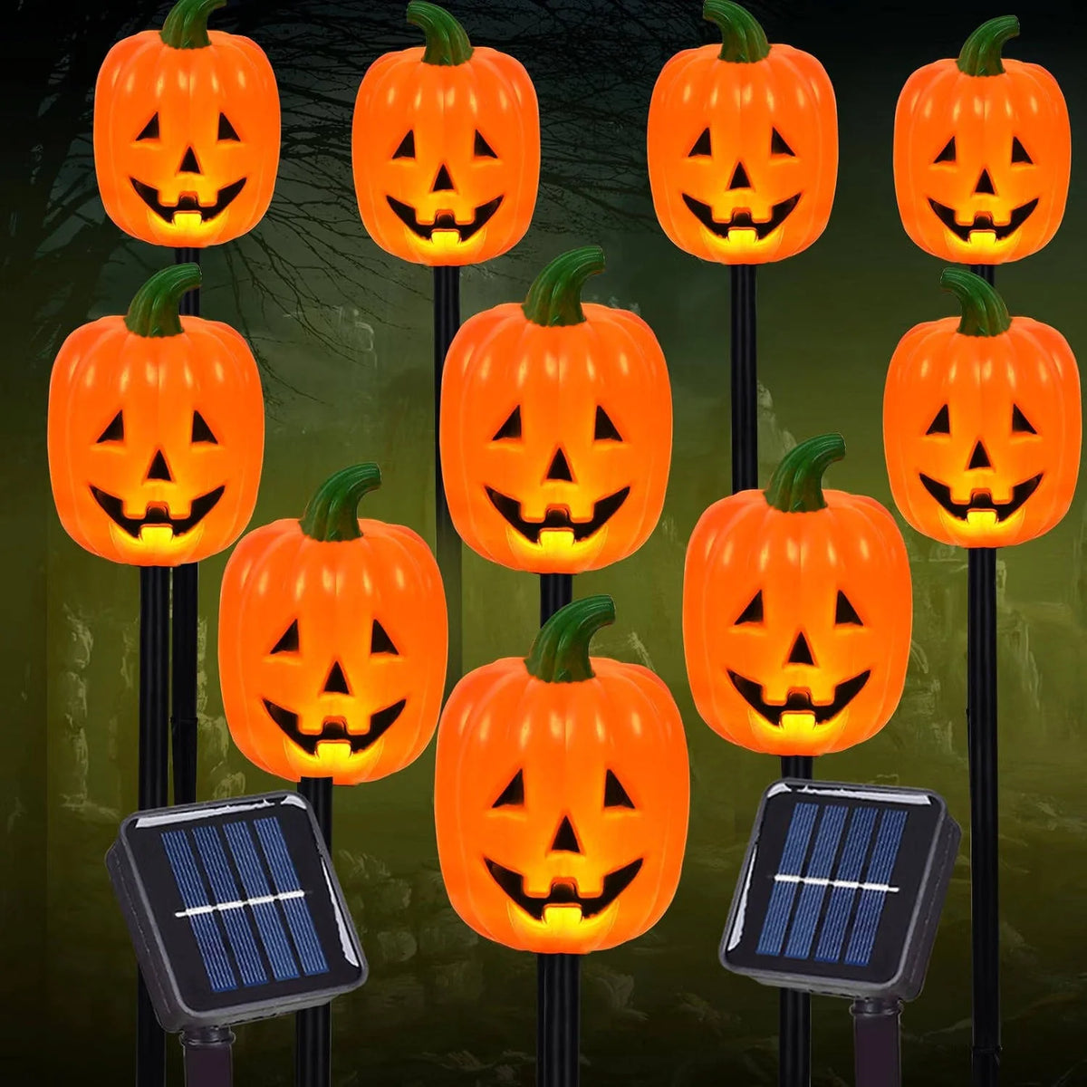 Pumpkin Stake Lights Solar-Powered Warm White LED 10-Piece Set