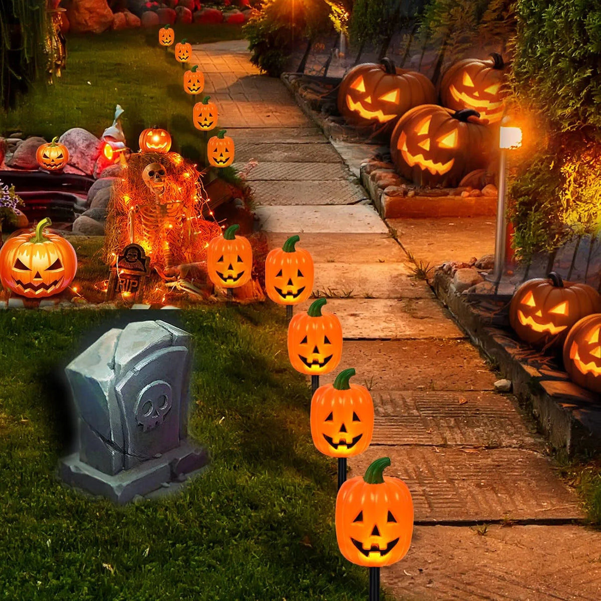 Pumpkin Stake Lights Solar-Powered Warm White LED 10-Piece Set