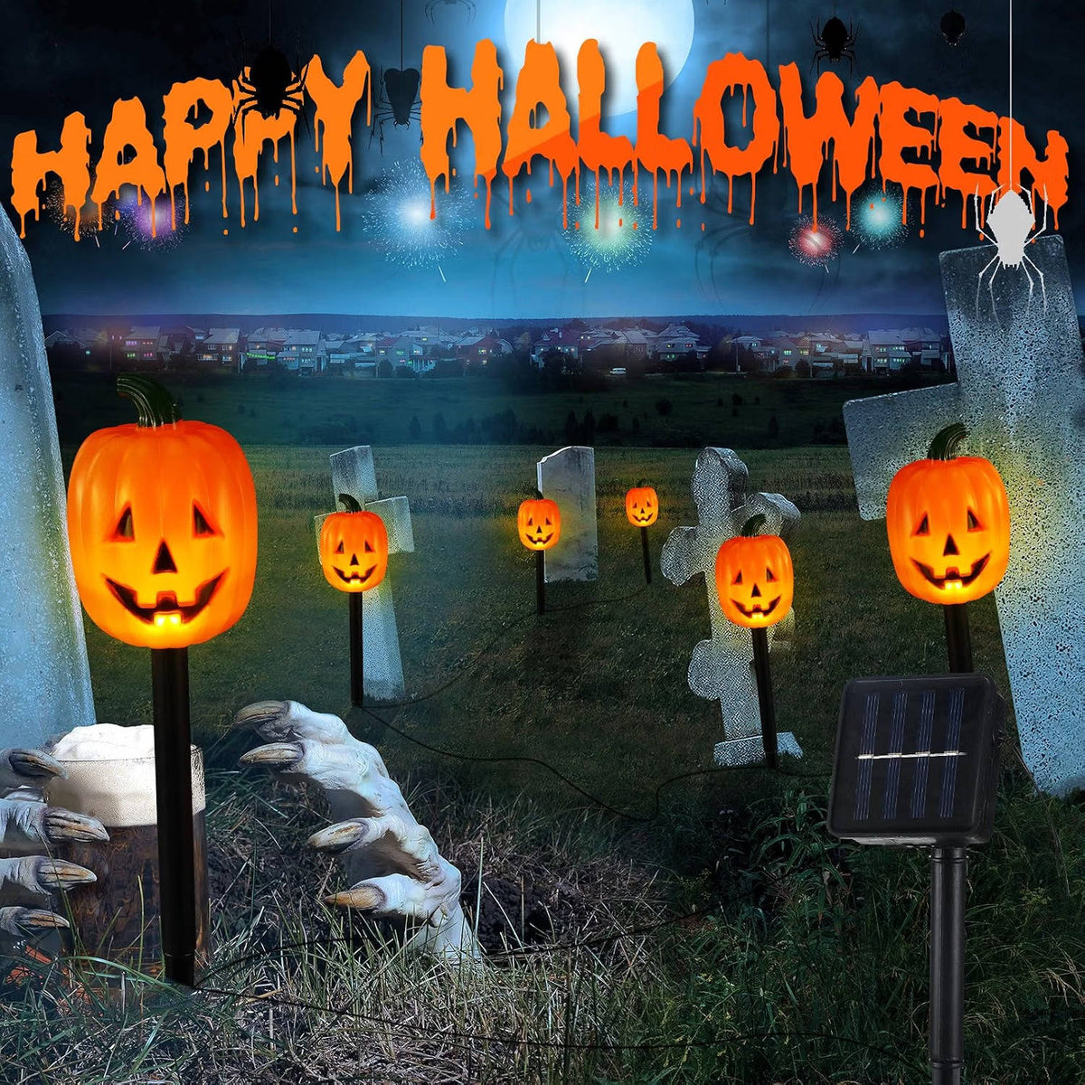 Pumpkin Stake Lights Solar-Powered Warm White LED 10-Piece Set