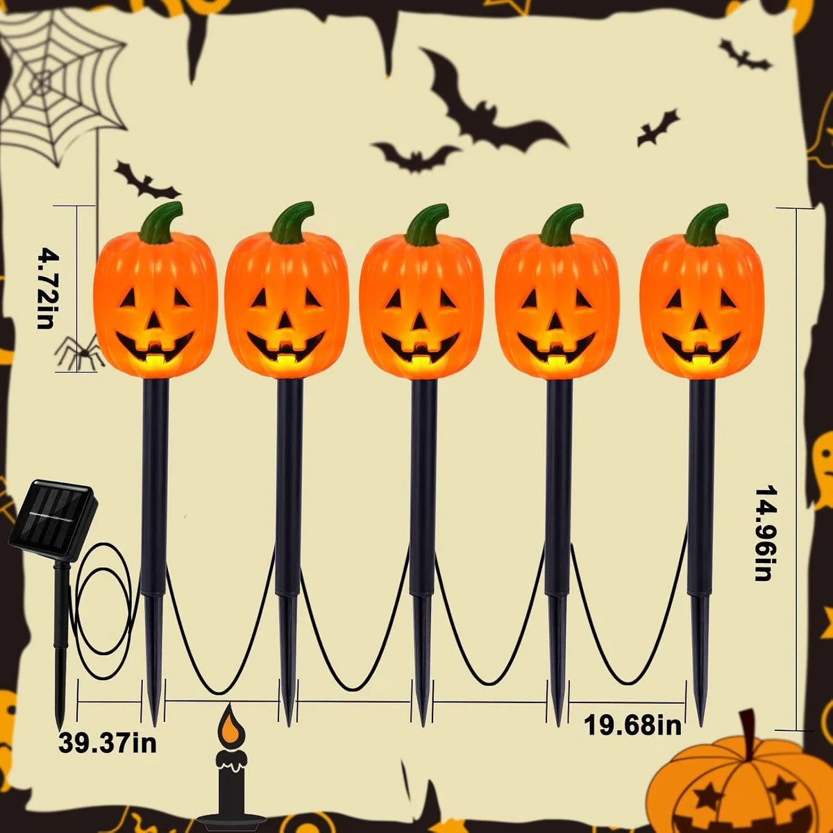 Pumpkin Stake Lights Solar-Powered Warm White LED 10-Piece Set