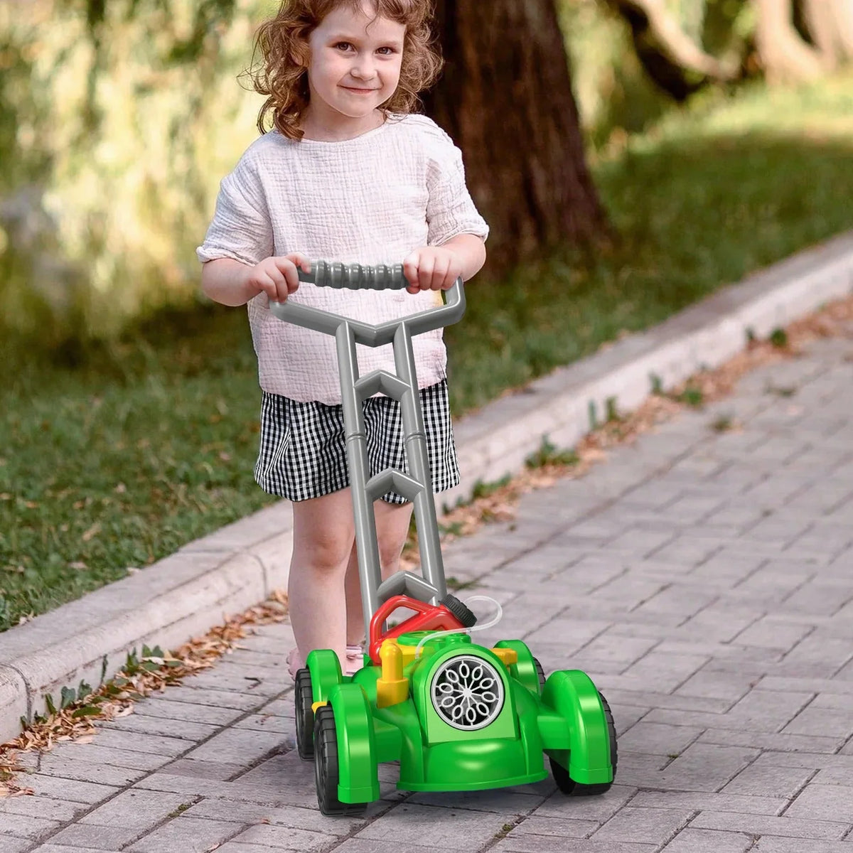Push Mower Toy Wheel-Activated Bubble-Blowing