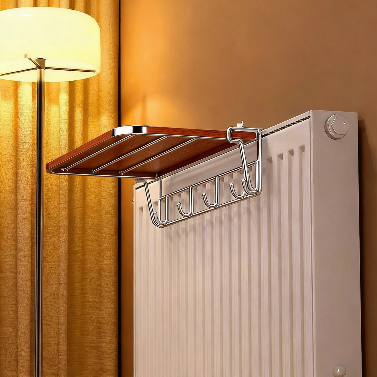 Radiator Drying Rack Foldable Space-Saving Shelf & Hooks
